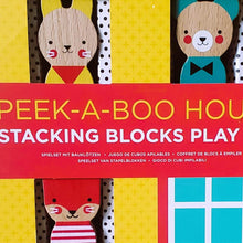 Children's peek-a-boo stacking blocks play set packaging with colorful design.