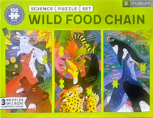 Mudpuppy 'Wild Food Chain' science puzzle set box, featuring three colorful illustrated puzzle panels about animals and ecosystems on a bright lime green background.