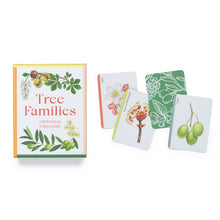 Tree Families card game set with a colorful illustrated box and four botanical card faces displayed on a white background.