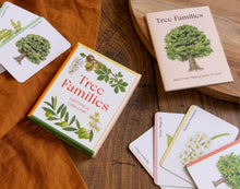 Tree Families card deck and cards , showing illustrated trees and green floral back designs.