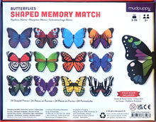 Back of a butterfly-shaped memory match card game box by Mudpuppy Kids, showing multiple butterfly card designs on a white background with product text and logos.